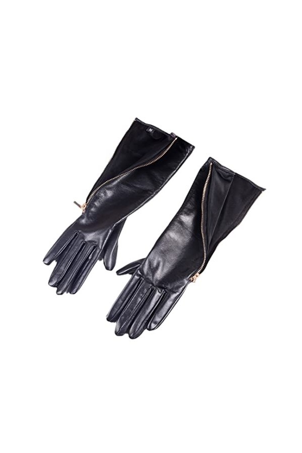 Gants de soirée mi-longs en cuir véritable avec fermeture éclair latérale pour femme 30 cm, Noir , XL