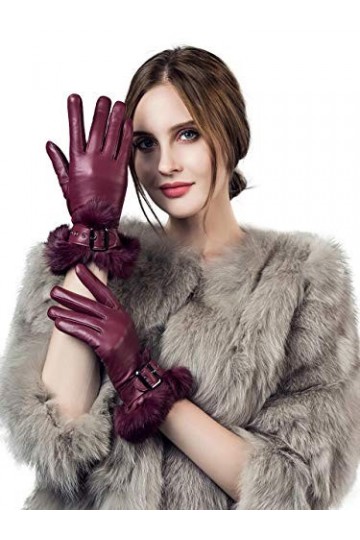 YISEVEN Gants en Cuir Peau de Mouton Agneau Véritable Femme Nouveau Hiver Écran Tactile Chaud Lapin Fourrure Laine Doublée El