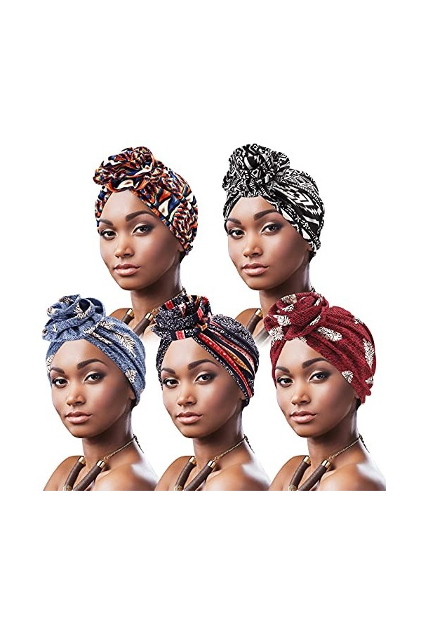 DRESHOW 5 Pièces Turban Africain pour Femme Bonnet Pré-noué Bonnet Chimio Casquette de Perte de Cheveux Chapeau