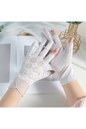 YANYUESHOP Gants Femmes Mince Été Glace Soie Dentelle Conduite et Cyclisme Écran Tactile Extérieur Exposé Deux Doigts Printem