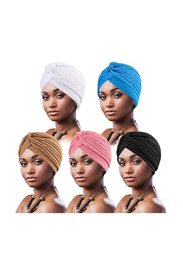 DRESHOW 5 Pièces Turban Africain pour Femme Bonnet Pré-noué Bonnet Chimio Casquette de Perte de Cheveux Chapeau