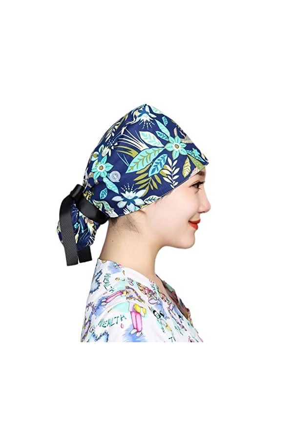 Ousyaah Chapeau de Travail avec Boutons Unisexe Infirmière Bonnet Chirurgical Tissu Turban Chimio Coton pour Homme Femme, Cas