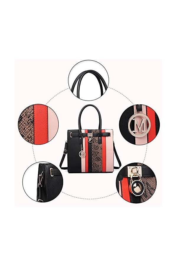 Miss Lulu Femmes Sac à Main en Faux Cuir Peau de Serpent Bande Contrastante Bandoulière épaule Cartable Sac Fourre-Tout avec 