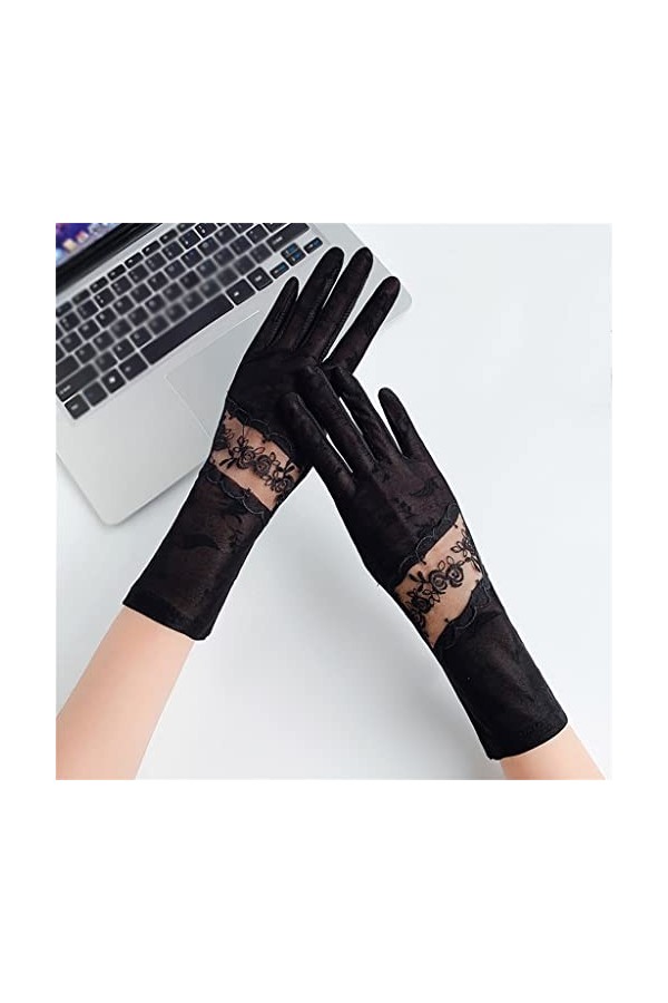 YANYUESHOP Gants de Conduite dété Dames Fine Soie Glacée Bras Mi-Longue Dentelle Équitation Écran Tactile Respirant Color :