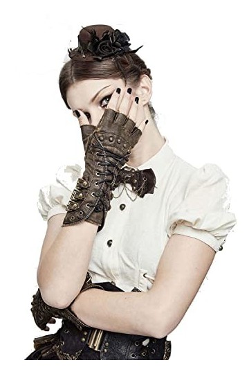 Mitaines Punk Bronze Zip Up Demi-Doigt Long Chaîne Lacets Gants avec Boucle