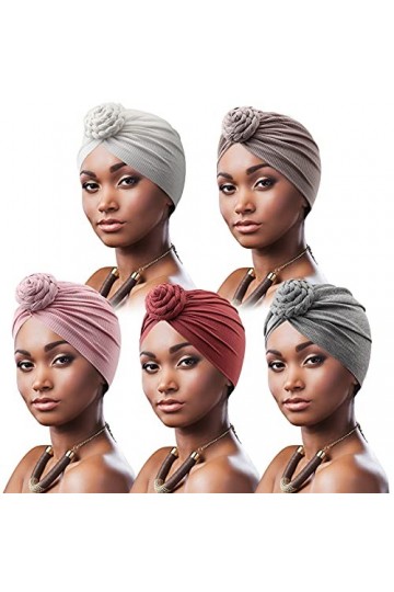 DRESHOW 5 Pièces Turban Africain pour Femme Bonnet Pré-noué Bonnet Chimio Casquette de Perte de Cheveux Chapeau