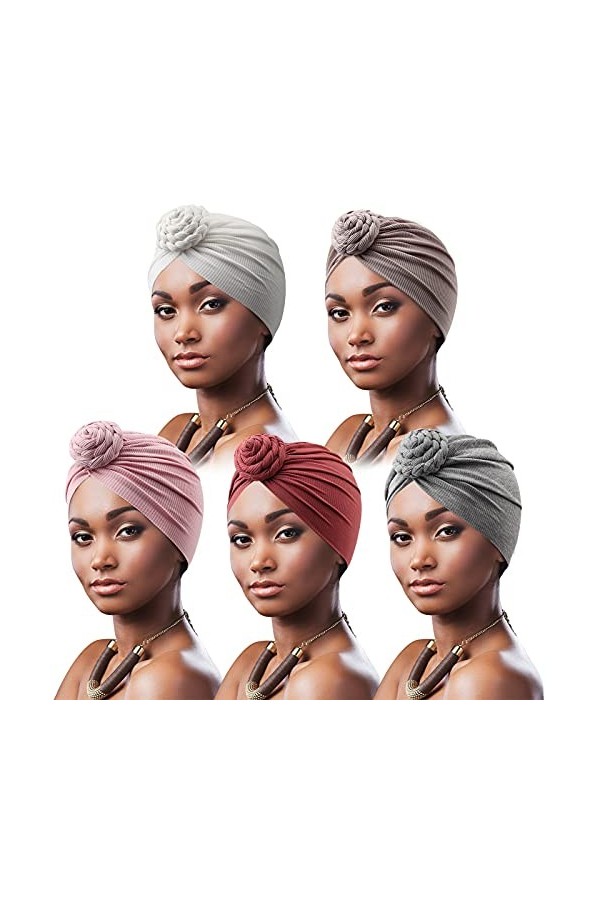 DRESHOW 5 Pièces Turban Africain pour Femme Bonnet Pré-noué Bonnet Chimio Casquette de Perte de Cheveux Chapeau