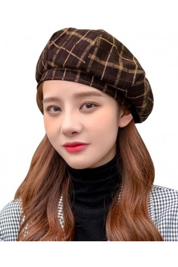 FEOYA Femme Bonnet Béret Vintage Casquette Gavroche Femme Tartan Beret Ecossais à Carreaux Chapeau Français Automne Hiver Art