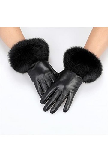 TWDYC Gants en Cuir véritable for Femmes avec Poignets à Fourrure de Lapin Moutons en Peau de Mouton Color : Black, Size : O