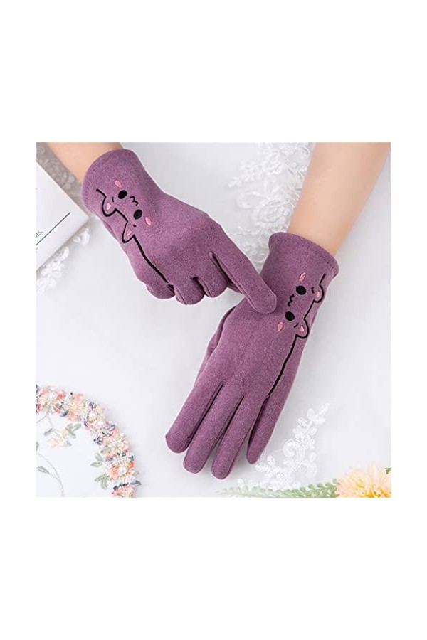 Mignonne broderie à lintérieur en peluche pour écran tactile Gants de conduite dhiver pour femme Moufles chaudes violet, t