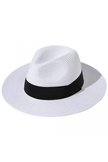 Lanzom - Chapeau de plage Fedora - Bonnet à large bord à enrouleur en paille Panama - FPS 50 - Pour femme - Blanc - Taille un