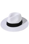 Lanzom - Chapeau de plage Fedora - Bonnet à large bord à enrouleur en paille Panama - FPS 50 - Pour femme - Blanc - Taille un
