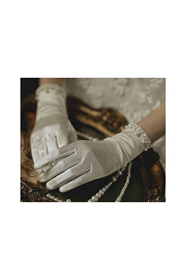 HLDETH Femmes été mince court Satin élastique étiquette robe gants élégant perle dentelle arc Color : White, Size : One Size