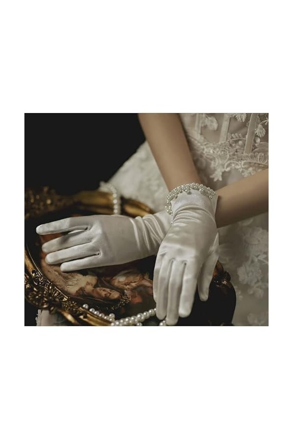 HLDETH Femmes été mince court Satin élastique étiquette robe gants élégant perle dentelle arc Color : White, Size : One Size