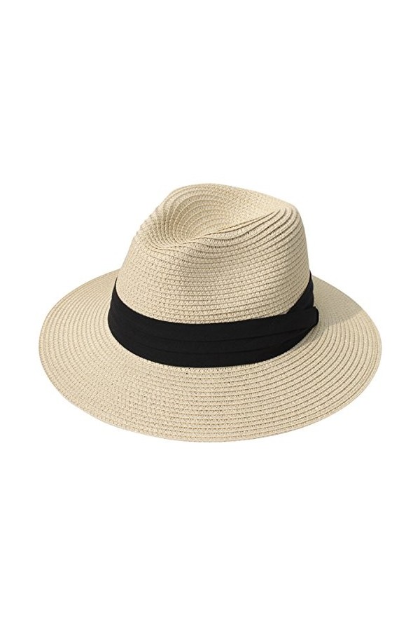 Lanzom - Chapeau de plage Fedora - Bonnet à large bord à enrouleur en paille Panama - FPS 50 - Pour femme - Blanc - Taille un