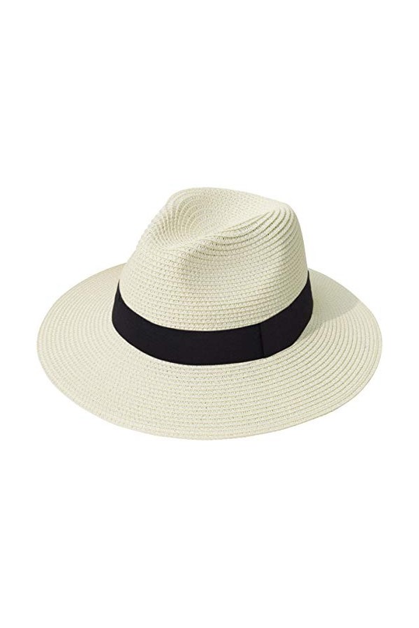 Lanzom - Chapeau de plage Fedora - Bonnet à large bord à enrouleur en paille Panama - FPS 50 - Pour femme - Blanc - Taille un