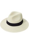 Lanzom - Chapeau de plage Fedora - Bonnet à large bord à enrouleur en paille Panama - FPS 50 - Pour femme - Blanc - Taille un