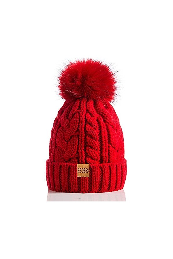REDESS Bonnet dhiver à Pompon pour Femme avec Doublure en Polaire Chaude, Bonnet de Ski en Tricot de Neige épais et épais