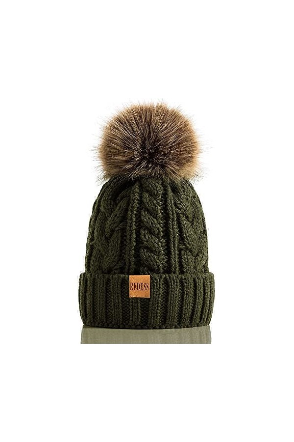 REDESS Bonnet dhiver à Pompon pour Femme avec Doublure en Polaire Chaude, Bonnet de Ski en Tricot de Neige épais et épais
