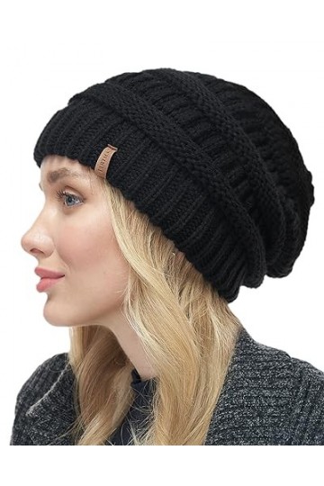 FURTALK Bonnet tricoté pour femme - Doublure polaire - Pour le ski - Noir - Medium