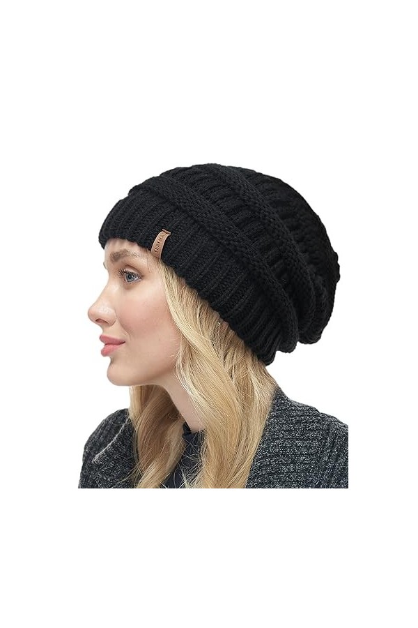 FURTALK Bonnet tricoté pour femme - Doublure polaire - Pour le ski - Noir - Medium