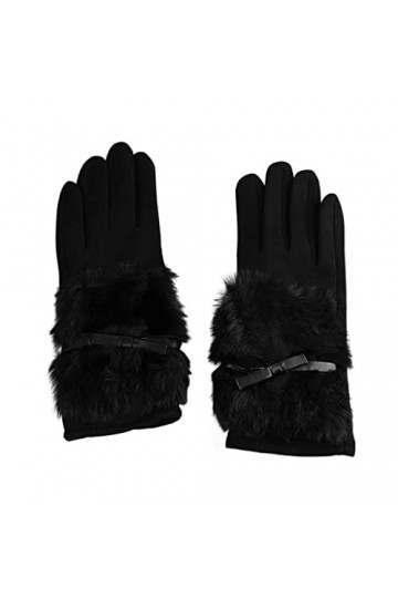 Gants dhiver en daim avec nœud et doigts pour écran tactile - Moufles chaudes en peluche pour femme noir, taille unique 