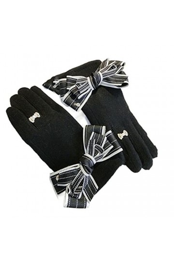 Gants dhiver pour femme - Pour écran tactile - Double couche - Avec nœud - Noir - Taille unique