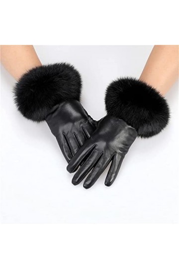 QZH Gants en Cuir véritable pour Femmes avec Poignets en Fourrure de Lapin Mitaines en Peau de Mouton