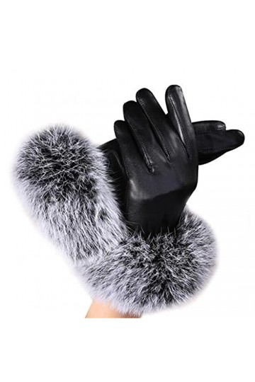 Gants en Cuir Femme Noir Automne Hiver Fourrure de Lapin épais imperméable Ski extérieur Coupe-Vent Accessoires Confortable e
