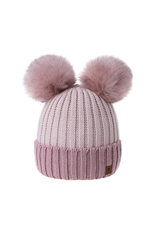 MFAZ Morefaz Ltd Femme Chapeau dhiver Beanie Chapeau Double Pom Pom Hat Bonnet Rose-Pink Powder-Pink 