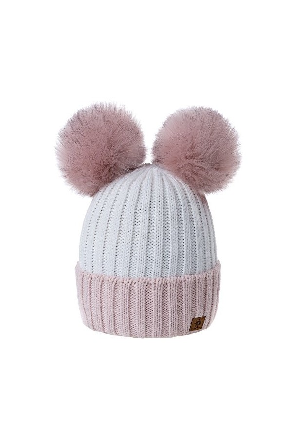 MFAZ Morefaz Ltd Femme Chapeau dhiver Beanie Chapeau Double Pom Pom Hat Bonnet Rose-Pink Powder-Pink 