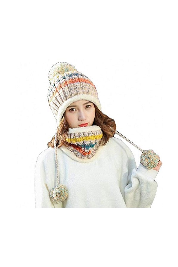 Aisaving Femmes Tricoté Chapeau Écharpe Ensemble Hiver Chaud Épaissir Crochet Bobble Pom Pom Beanie Chapeau Bonnet en Plein A