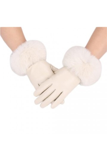 DIXII Gants en cuir for femmes avec poignets en fourrure de lapin Moufles en peau Color : Beige, Size : Einheitsgr��e 