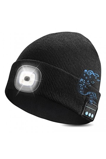 Bonnet unisexe avec LED Bluetooth avec lumière hautparleur stéréo intégré et micro Bonnet de lampe frontale Cadeau de Noël po