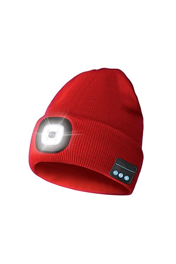Bonnet unisexe avec LED Bluetooth avec lumière hautparleur stéréo intégré et micro Bonnet de lampe frontale Cadeau de Noël po