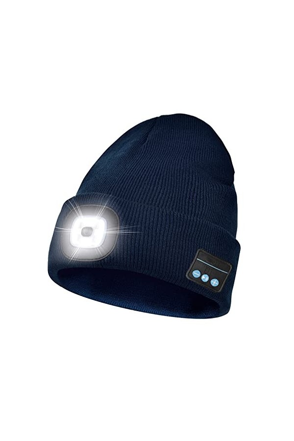 Bonnet unisexe avec LED Bluetooth avec lumière hautparleur stéréo intégré et micro Bonnet de lampe frontale Cadeau de Noël po