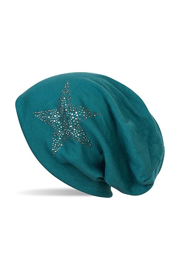 styleBREAKER Bonnet Beanie avec des étoiles rivetées en Strass et des Pierres précieuses Couleur Gris Anthracite, Longbeanie 