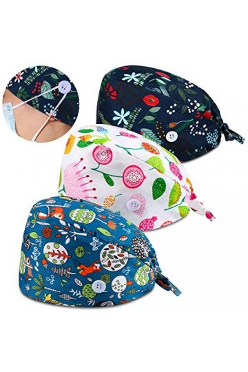3 Pièces Bonnet Gommage Bouffant Colorée Turban Imprimé Couvre-Cheveux Réglable Casquette avec Boutons et Coton Bandeau de Su