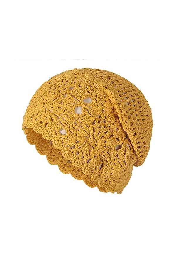 ZLYC Bonnets Printemps Automne Bonnet Souple au Crochet Fait Main pour Femmes Uni Jaune 