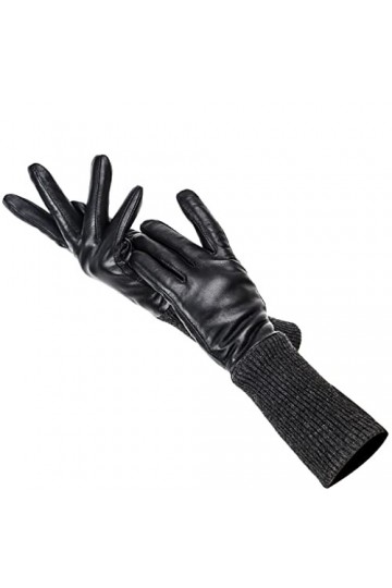 LSDJGDDE Gants Longs de Femmes Noires, Cuir Authentique Keep Gove Gants en Cuir des Femmes Chaudes, Gants for Femmes en Peau 