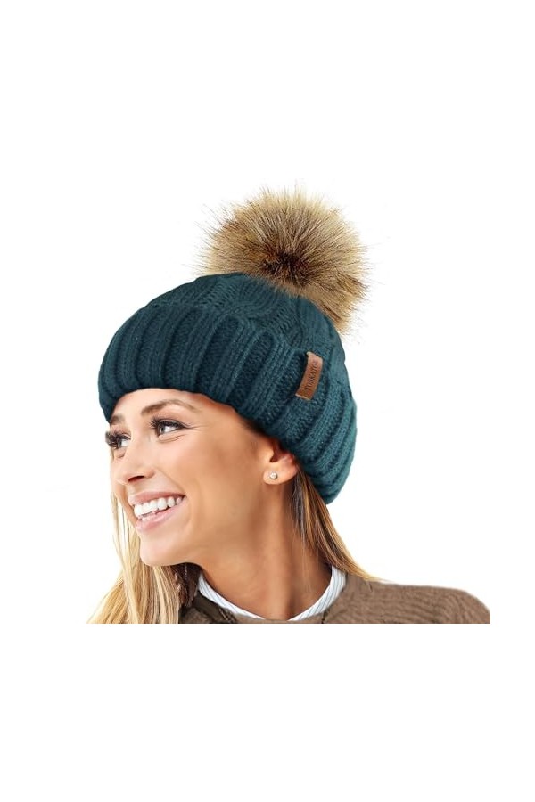 TOSKATOK Mesdames trapu Douce câble Bonnet en Tricot avec Confortable Doublure Polaire Amovible en Fausse Fourrure et Pompon-