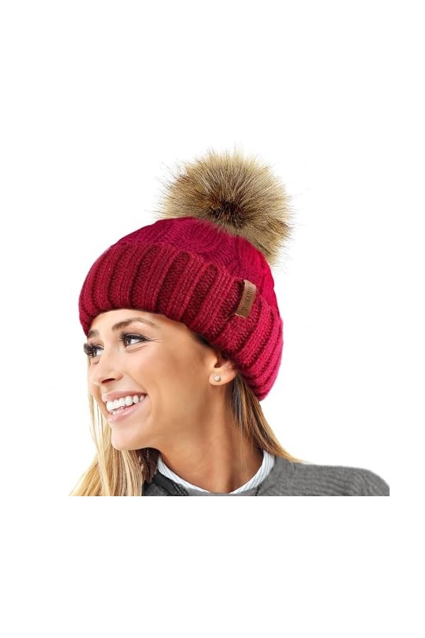 TOSKATOK Mesdames trapu Douce câble Bonnet en Tricot avec Confortable Doublure Polaire Amovible en Fausse Fourrure et Pompon-