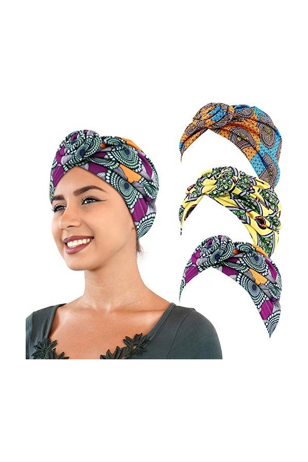 3 Pièces Turban Africain Écharpe de Tête Turban Bohème Bonnet Noué Élastique Jaune, Orange et Vert 