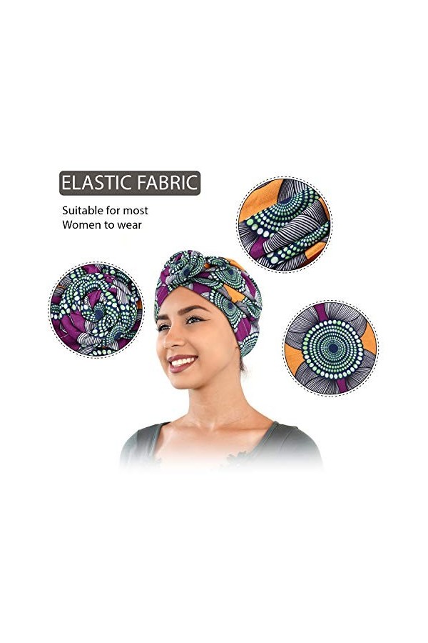 3 Pièces Turban Africain Écharpe de Tête Turban Bohème Bonnet Noué Élastique Jaune, Orange et Vert 