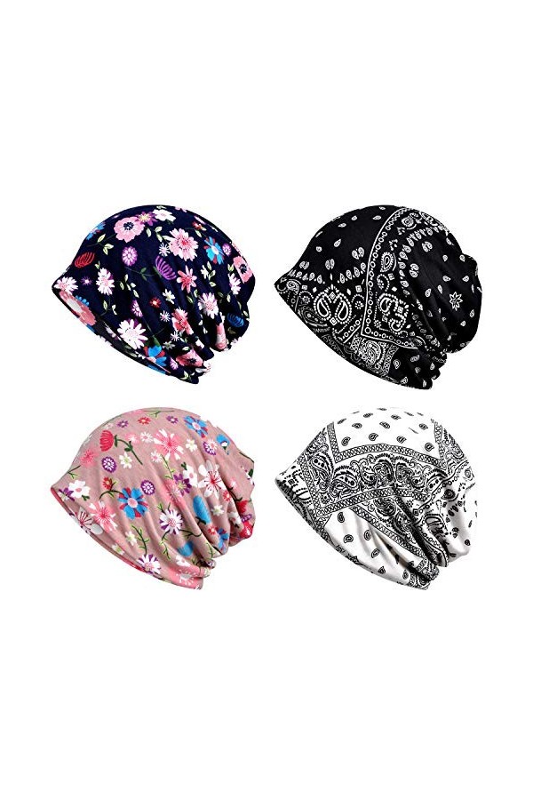 XYIYI Femmes Chapeau de Chimio Coton Bonnet Chapeau Turban Couvre-Chef Head Wraps 4 Pièces Multicolore 