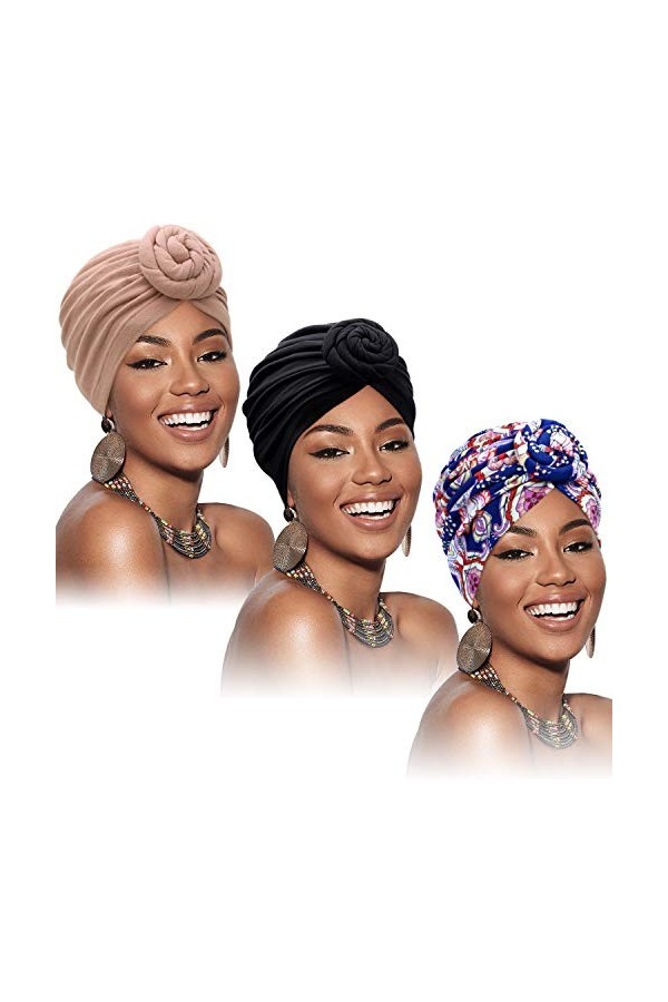 3 Pièces Turban Africain pour Femmes Bonnet Noué Pré-Noué Headwrap Bonnet Fleur Vert Rouge Violet 