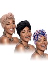 3 Pièces Turban Africain pour Femmes Bonnet Noué Pré-Noué Headwrap Bonnet Fleur Vert Rouge Violet 