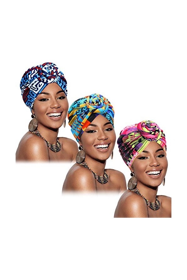 3 Pièces Turban Africain pour Femmes Bonnet Noué Pré-Noué Headwrap Bonnet Fleur Vert Rouge Violet 