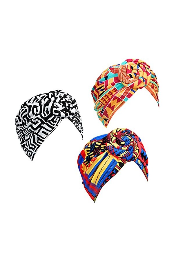 3 Pièces Turban Africain pour Femmes Bonnet Noué Pré-Noué Headwrap Bonnet Fleur Vert Rouge Violet 