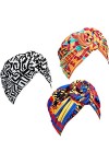 3 Pièces Turban Africain pour Femmes Bonnet Noué Pré-Noué Headwrap Bonnet Fleur Vert Rouge Violet 